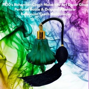 1930’s Bohemian Czech Malachite Art Decor Glass Perfume Bottle&Original Atomizer